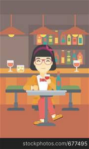 An asian woman sitting at the table with glass and bottle of wine. Woman drinking wine at bar. Woman enjoying a drink at wine bar. Vector flat design illustration. Vertical layout.. Woman drinking wine at restaurant.