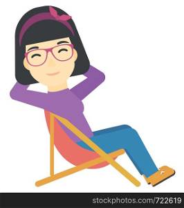 An asian woman sitting in a folding chair vector flat design illustration isolated on white background. . Woman sitting in a folding chair.