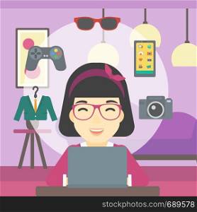 An asian woman sitting in front of laptop and some images of goods around her. Woman doing online shopping. Woman buying on the internet. Vector flat design illustration. Square layout.. Woman shopping online using her laptop.