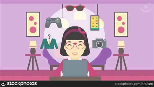 An asian woman sitting in front of laptop and some images of goods around her. Woman doing online shopping. Woman buying on the internet. Vector flat design illustration. Horizontal layout.. Woman shopping online using her laptop.