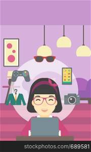 An asian woman sitting in front of laptop and some images of goods around her. Woman doing online shopping. Woman buying on the internet. Vector flat design illustration. Vertical layout.. Woman shopping online using her laptop.