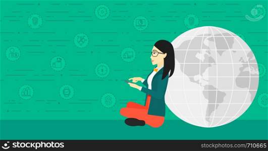 An asian woman sitting near a globe model with a smartphone in hands on a green background with technology and business icons vector flat design illustration. Horizontal layout.. Woman sitting near globe.