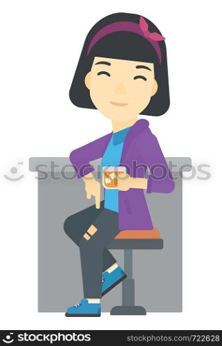 An asian woman sitting near the bar counter vector flat design illustration isolated on white background. . Woman sitting at bar.