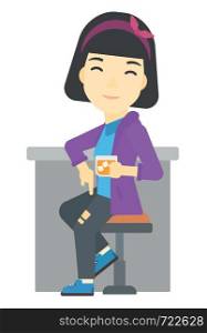 An asian woman sitting near the bar counter vector flat design illustration isolated on white background. . Woman sitting at bar.