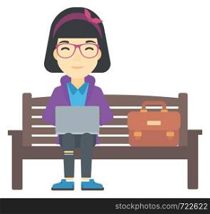 An asian woman sitting on a bench and working on a laptop vector flat design illustration isolated on white background. . Woman working on laptop.