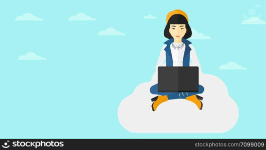 An asian woman sitting on a cloud with a laptop on knees on the background of blue sky vector flat design illustration. Horizontal layout.. Woman working on laptop.