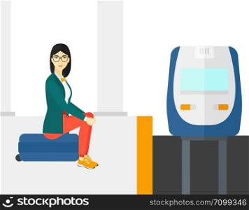 An asian woman sitting on a railway platform and waiting for a train vector flat design illustration isolated on white background.. Woman sitting on railway platform.