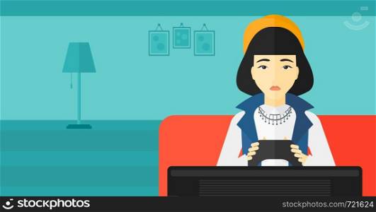 An asian woman sitting on a sofa with gamepad in hands on a living room background vector flat design illustration. Horizontal layout.. Addicted video gamer.