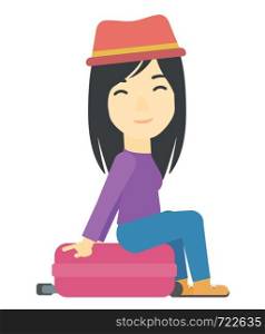 An asian woman sitting on her suitcase vector flat design illustration isolated on white background.. Woman sitting on his suitcase.