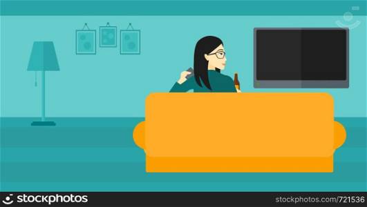 An asian woman sitting on the couch in living room and watching tv with remote controller in one hand and a bottle in another vector flat design illustration. Horizontal layout.. Woman watching TV.