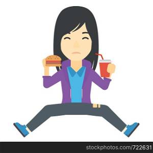 An asian woman sitting on the floor and eating hamburger and drinking soda vector flat design illustration isolated on white background. . Woman eating hamburger.