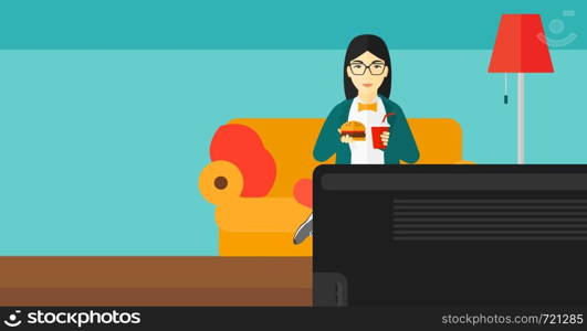 An asian woman sitting on the floor in living room while eating hamburger and drinking soda vector flat design illustration. Horizontal layout.. Woman eating hamburger.