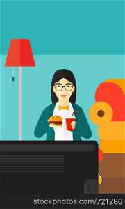 An asian woman sitting on the floor in living room while eating hamburger and drinking soda vector flat design illustration. Vertical layout.. Woman eating hamburger.
