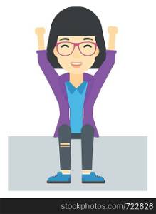 An asian woman sitting with raised hands up vector flat design illustration isolated on white background. . Woman sitting with raised hands up.