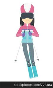 An asian woman skiing vector flat design illustration isolated on white background.. Young woman skiing.