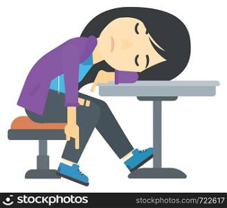 An asian woman sleeping at the table vector flat design illustration isolated on white background. . Woman sleeping in bar.
