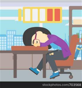An asian woman sleeping at workplace on laptop keyboard and low power battery sign over her head. Business woman sleeping in office. Vector flat design illustration. Square layout.. Woman sleeping at workplace vector illustration.