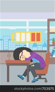An asian woman sleeping at workplace on laptop keyboard and low power battery sign over her head. Business woman sleeping in office. Vector flat design illustration. Vertical layout.. Woman sleeping at workplace vector illustration.