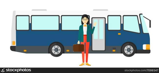 An asian woman standing at the entrance door of bus vector flat design illustration isolated on white background.. Woman standing near bus.