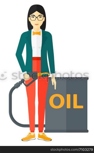 An asian woman standing beside the oil can and holding filling nozzle vector flat design illustration isolated on white background. . Woman with oil can and filling nozzle.