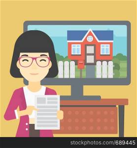 An asian woman standing in front of tv screen with house photo on it and pointing at a real estate contract. Concept of signing of real estate contract. Vector flat design illustration. Square layout.. Real estate agent offering house.