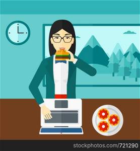 An asian woman standing in room in front of a laptop while eating junk food vector flat design illustration. Square layout.. Woman eating hamburger.