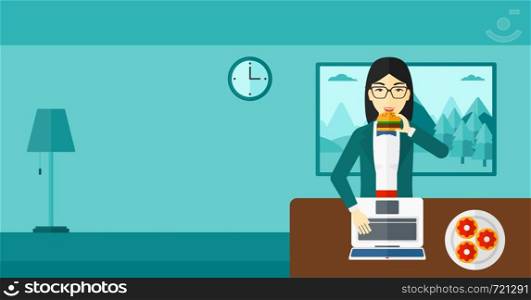 An asian woman standing in room in front of a laptop while eating junk food vector flat design illustration. Horizontal layout.. Woman eating hamburger.