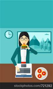 An asian woman standing in room in front of a laptop while eating junk food vector flat design illustration. Vertical layout.. Woman eating hamburger.