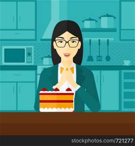 An asian woman standing in the kitchen and looking with passion at a big cake vector flat design illustration. Square layout.. Woman looking at cake.