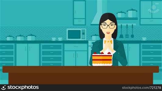 An asian woman standing in the kitchen and looking with passion at a big cake vector flat design illustration. Horizontal layout.. Woman looking at cake.
