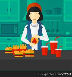 An asian woman standing in the kitchen in front of table full of junk food and suffering from heartburn vector flat design illustration. Square layout.. Woman suffering from heartburn.