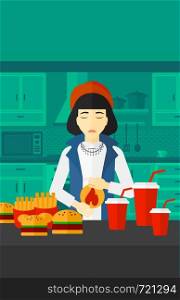 An asian woman standing in the kitchen in front of table full of junk food and suffering from heartburn vector flat design illustration. Vertical layout.. Woman suffering from heartburn.
