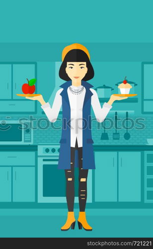 An asian woman standing in the kitchen with apple and cake in hands symbolizing choice between healthy and unhealthy food vector flat design illustration. Vertical layout.. Woman with apple and cake.