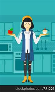 An asian woman standing in the kitchen with apple and cake in hands symbolizing choice between healthy and unhealthy food vector flat design illustration. Vertical layout.. Woman with apple and cake.