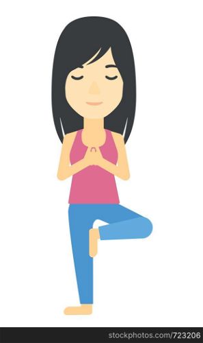 An asian woman standing in yoga tree pose vector flat design illustration isolated on white background.. Woman practicing yoga.