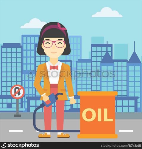An asian woman standing near oil barrel. Woman holding gas pump nozzle on a city background. Woman with gas pump and oil barrel. Vector flat design illustration. Square layout.. Woman with oil barrel and gas pump nozzle.