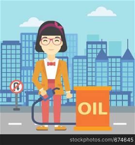 An asian woman standing near oil barrel. Woman holding gas pump nozzle on a city background. Woman with gas pump and oil barrel. Vector flat design illustration. Square layout.. Woman with oil barrel and gas pump nozzle.