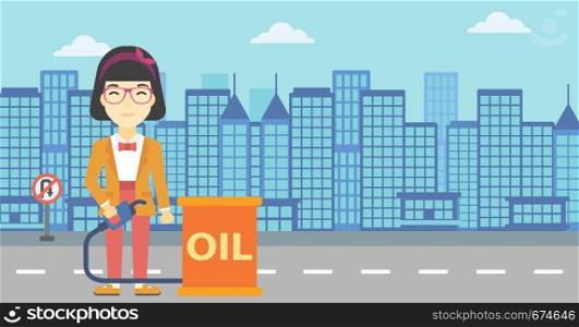 An asian woman standing near oil barrel. Woman holding gas pump nozzle on a city background. Woman with gas pump and oil barrel. Vector flat design illustration. Horizontal layout.. Woman with oil barrel and gas pump nozzle.