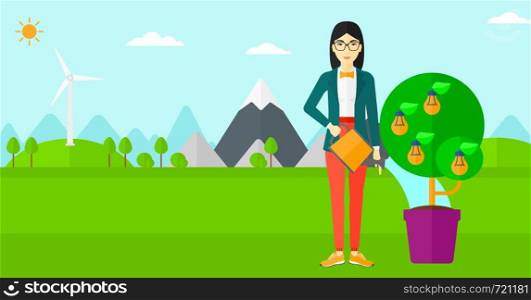 An asian woman standing on a background with mountain and watering a tree growing in pot with light bulbs instead flowers vector flat design illustration. Horizontal layout.. Woman watering tree with light bulbs.