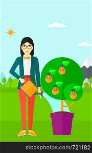 An asian woman standing on a background with mountain and watering a tree growing in pot with light bulbs instead flowers vector flat design illustration. Vertical layout.. Woman watering tree with light bulbs.