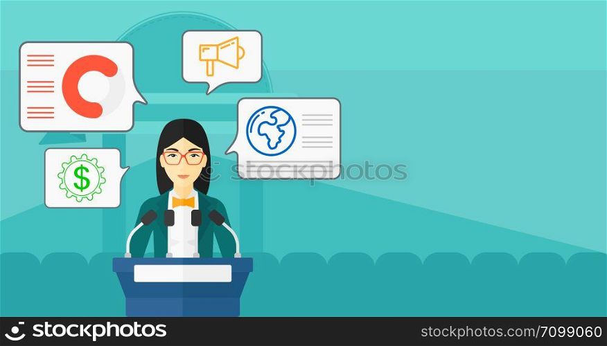 An asian woman standing on a podium with microphones and speech squares around him on the background of seats and arch. Horizontal layout.. Woman speaking on podium.