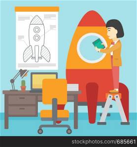 An asian woman standing on ladder and engeneering a rocket. Woman working on the start up of a new business. Business start up concept. Vector flat design illustration. Square layout.. Business start up vector illustration.