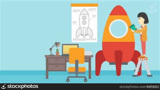 An asian woman standing on ladder and engeneering a rocket. Woman working on the start up of a new business. Business start up concept. Vector flat design illustration. Horizontal layout.. Business start up vector illustration.