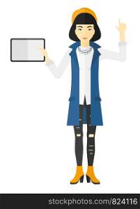 An asian woman standing with a tablet computer and pointing her forefinger up vector flat design illustration isolated on white background. . Woman holding tablet computer.