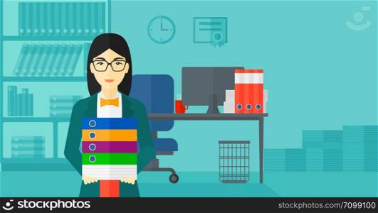 An asian woman standing with pile of folders on the background of business office vector flat design illustration. Horizontal layout.. Woman holding pile of folders.