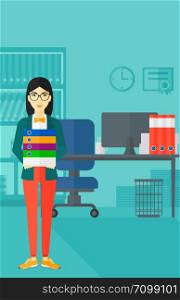 An asian woman standing with pile of folders on the background of business office vector flat design illustration. Vertical layout.. Woman holding pile of folders.