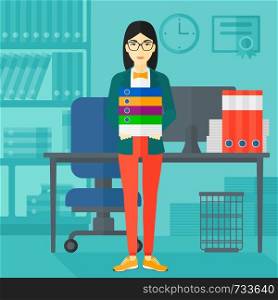 An asian woman standing with pile of folders on the background of business office vector flat design illustration. Square layout.. Woman holding pile of folders.