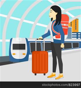 An asian woman standing with suitcase on wheels and holding a briefcase in hand on the background of modern train arriving at the station vector flat design illustration. Square layout.. Woman with suitcase on wheels and briefcase.