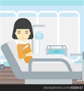 An asian woman suffering from neck pain. Young woman with injured neck lying in bed in hospital ward. Woman with neck brace. Vector flat design illustration. Square layout.. Woman with neck injury vector illustration.