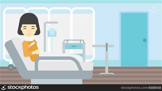 An asian woman suffering from neck pain. Young woman with injured neck lying in bed in hospital ward. Woman with neck brace. Vector flat design illustration. Horizontal layout.. Woman with neck injury vector illustration.